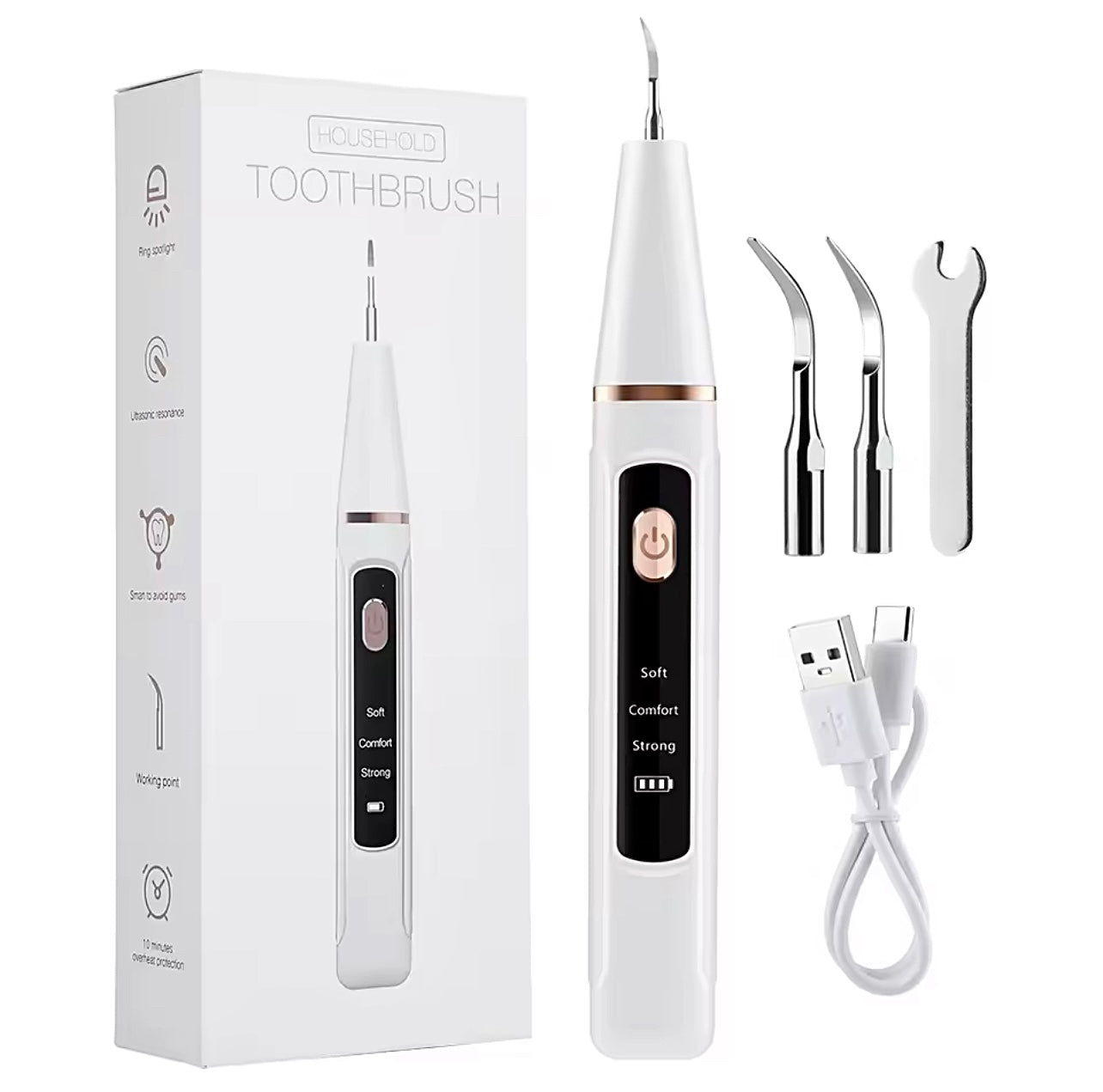 White dental tool with packaging, USB cable, and additional attachments on a white background