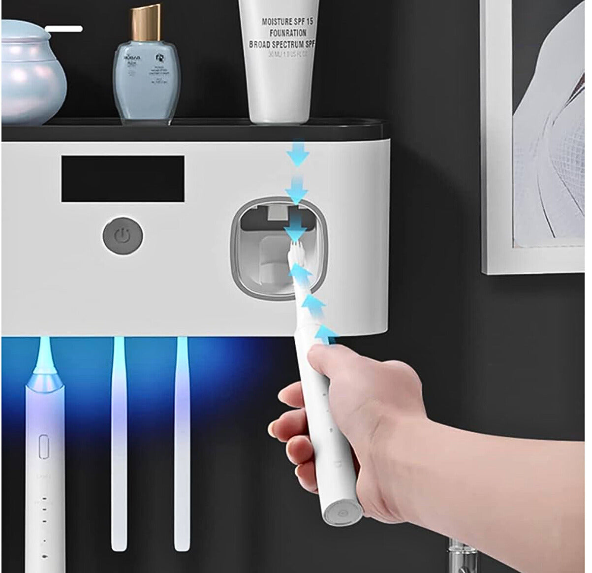 Person using a toothbrush with a wall-mounted electric toothbrush holder on a black shelf.