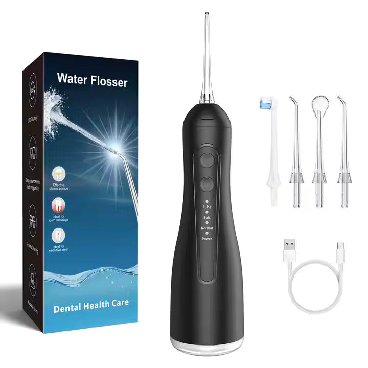 A black water flosser with various modes displayed on its body, alongside its box packaging which highlights dental health care, and a USB charging cable. The product appears to be cordless and rechargeable.