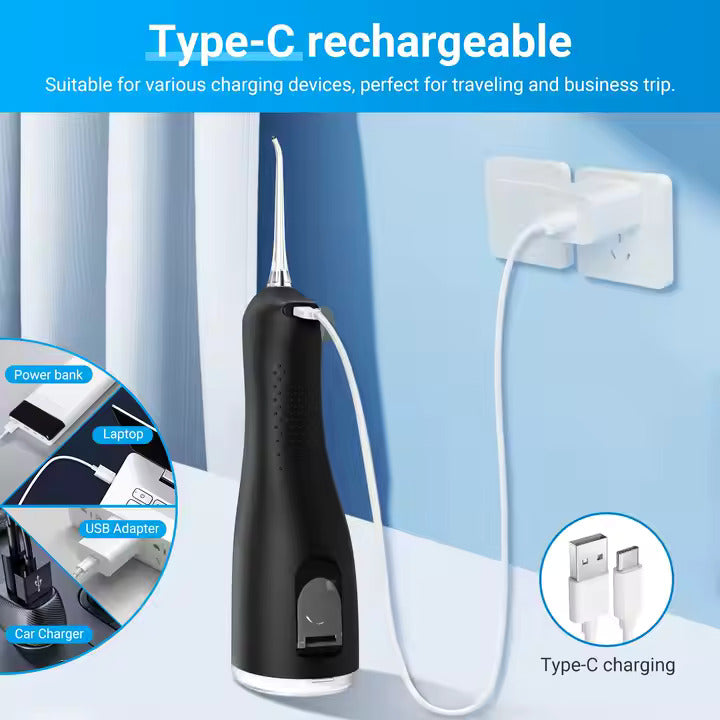 Black dental water flosser with Type-C charging cable on a light blue background