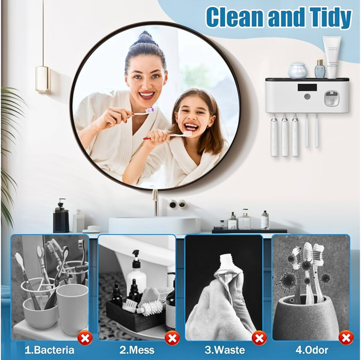 Woman and child brushing teeth with a mirror above, showing a toothbrush cleaning device with text 'Clean and Tidy'.