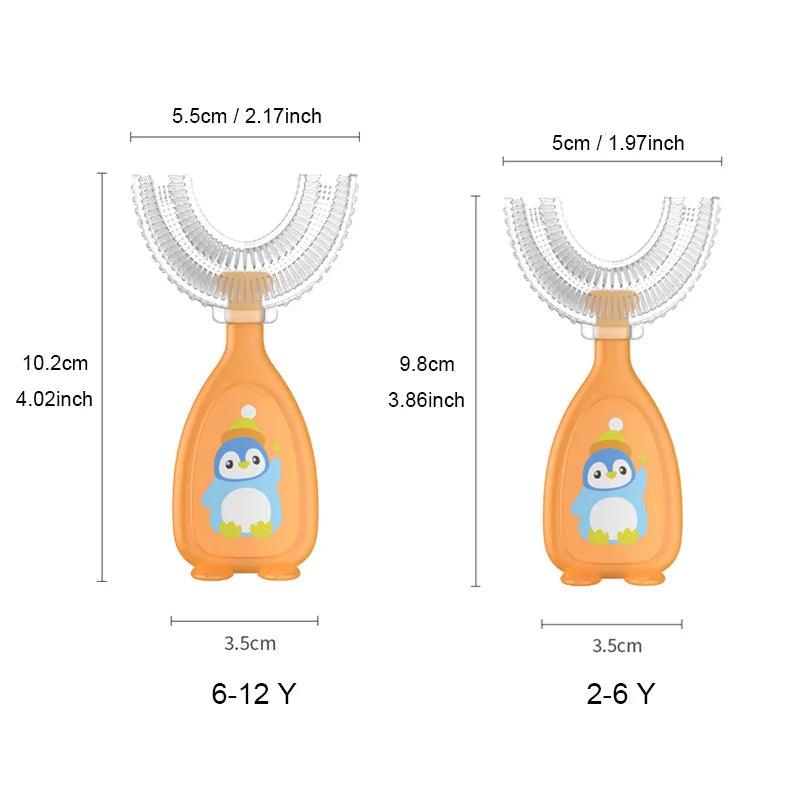 Kids U-shaped toothbrush with a fun design, ergonomic handle, and soft bristles for safe and enjoyable brushing