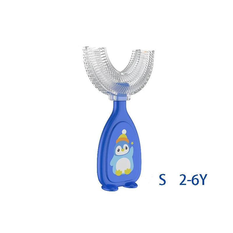 U-shaped silicone toothbrush for kids, offering a playful design and soft bristles for a gentle and enjoyable brushing experience