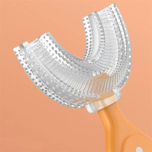 U-shaped toothbrush for kids with an easy-grip handle and gentle bristles, designed for effective gum care and fun brushing