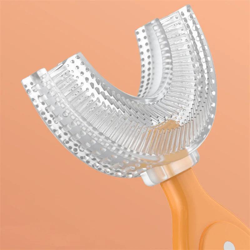 U-shaped toothbrush for kids with an easy-grip handle and gentle bristles, designed for effective gum care and fun brushing