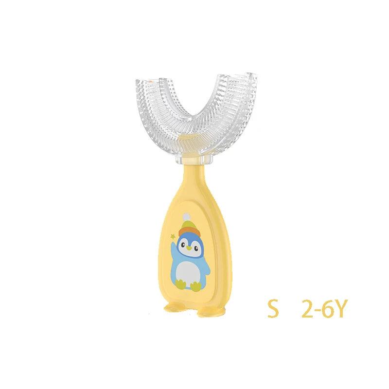 Children’s U-shaped toothbrush with soft silicone bristles, designed to clean teeth gently while making brushing fun