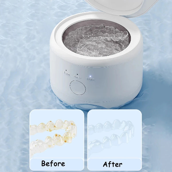 White ultrasonic cleaner with water and jewelry, showing 'Before' and 'After' effects on a blue gradient background.