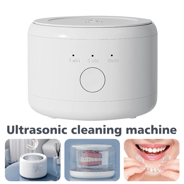 Ultrasonic cleaning machine with images of its use on a white background