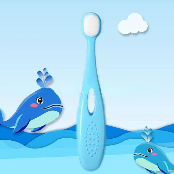 Three children's toothbrushes in blue, pink, and yellow colors with ergonomic handles and ultra-soft bristles, displayed next to a yellow cup with a face design.