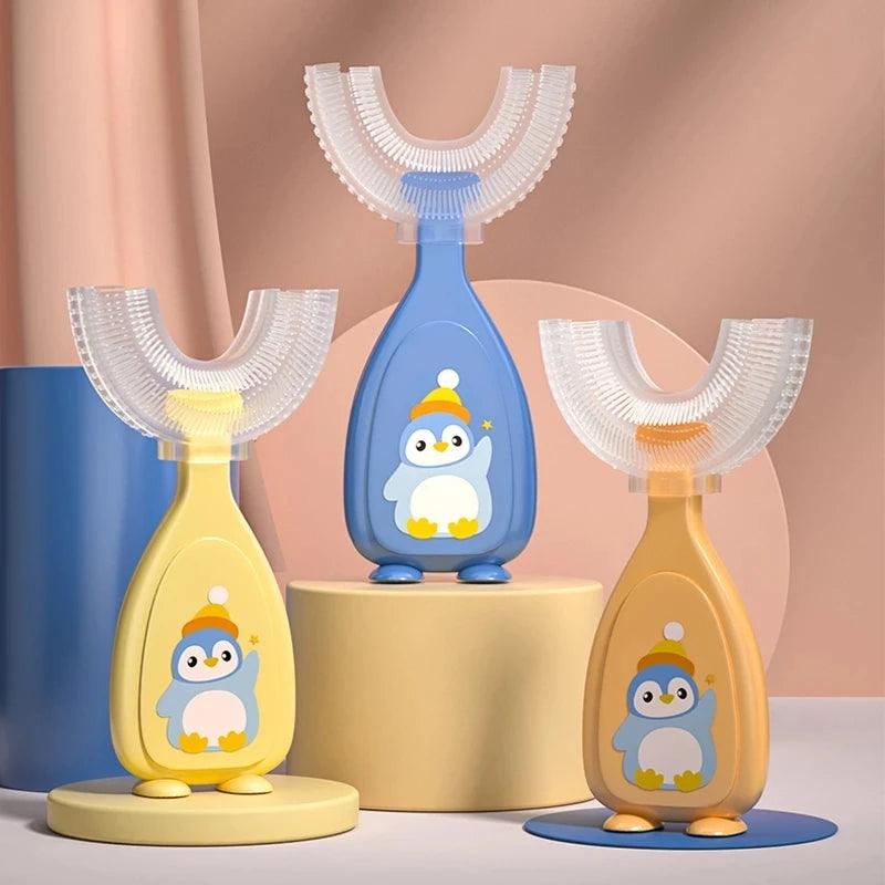 U-shaped toothbrush for kids, designed with soft bristles to provide gentle and effective cleaning for young teeth and gums
