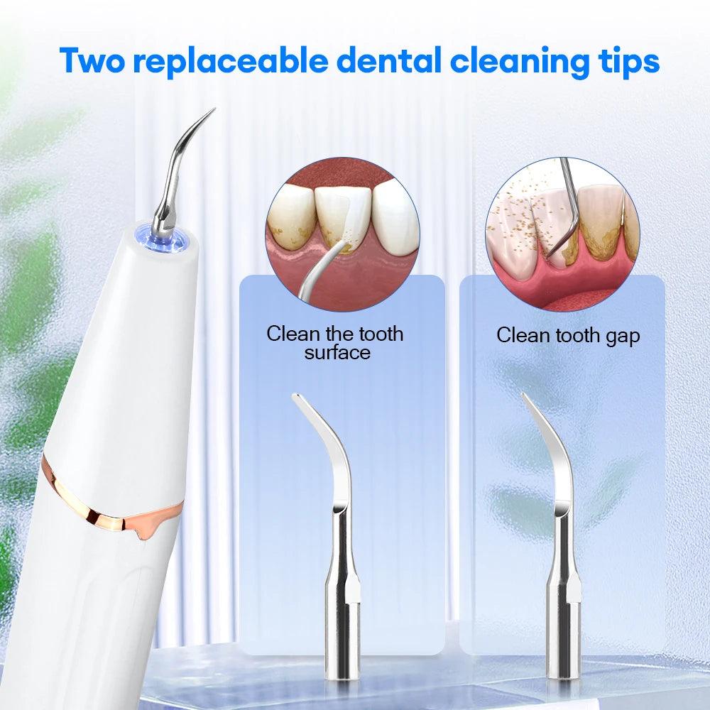 Ultrasonic dental cleaning device for safe and effective removal of stains, plaque, and tartar, suitable for home use