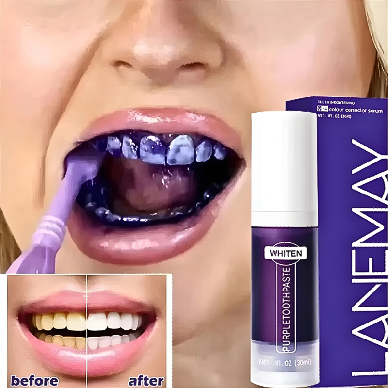 prime oral care purple toothpaste with packaging and a close-up of a person using it.
