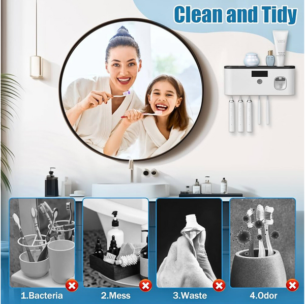 Woman and child brushing teeth with a mirror above, showing a toothbrush cleaning device with text 'Clean and Tidy'.